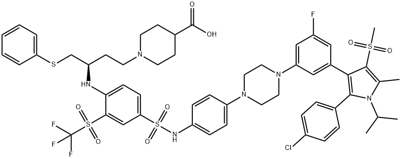 4-Piperidinecarboxylic acid, 1-[(3R)-3-[[4-[[[4-[4-[3-[2-(4-chlorophenyl)-5-methyl-1-(1-methylethyl)-4-(methylsulfonyl)-1H-pyrrol-3-yl]-5-fluorophenyl]-1-piperazinyl]phenyl]amino]sulfonyl]-2-[(trifluoromethyl)sulfonyl]phenyl]amino]-4-(phenylthio)butyl]- Struktur