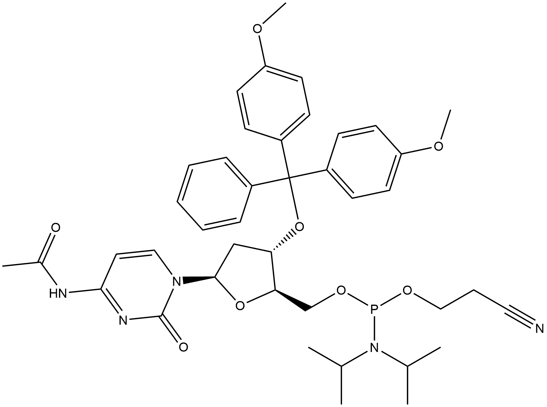 Cytidine, N-acetyl-3'-O-[bis(4-methoxyphenyl)phenylmethyl]-2'-deoxy-, 5'-[2-cyanoethyl N,N-bis(1-methylethyl)phosphoramidite] Struktur