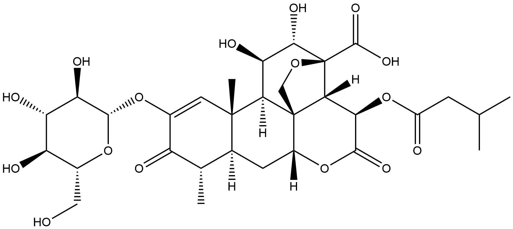 Picras-1-en-21-oic acid, 13,20-epoxy-2-(β-D-glucopyranosyloxy)-11,12-dihydroxy-15-(3-methyl-1-oxobutoxy)-3,16-dioxo-, (11β,12α,15β)- Struktur