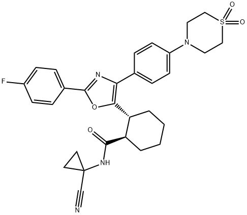 Cyclohexanecarboxamide, N-(1-cyanocyclopropyl)-2-[4-[4-(1,1-dioxido-4-thiomorpholinyl)phenyl]-2-(4-fluorophenyl)-5-oxazolyl]-, (1R,2R)- Struktur