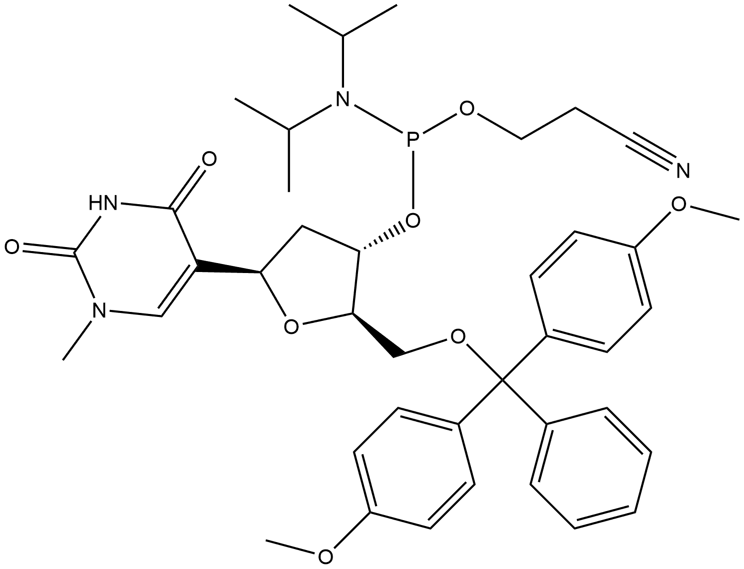 2,4(1H,3H)-Pyrimidinedione, 5-[5-O-[bis(4-methoxyphenyl)phenylmethyl]-3-O-[[bis(1-methylethyl)amino](2-cyanoethoxy)phosphino]-2-deoxy-β-D-erythro-pentofuranosyl]-1-methyl- Struktur