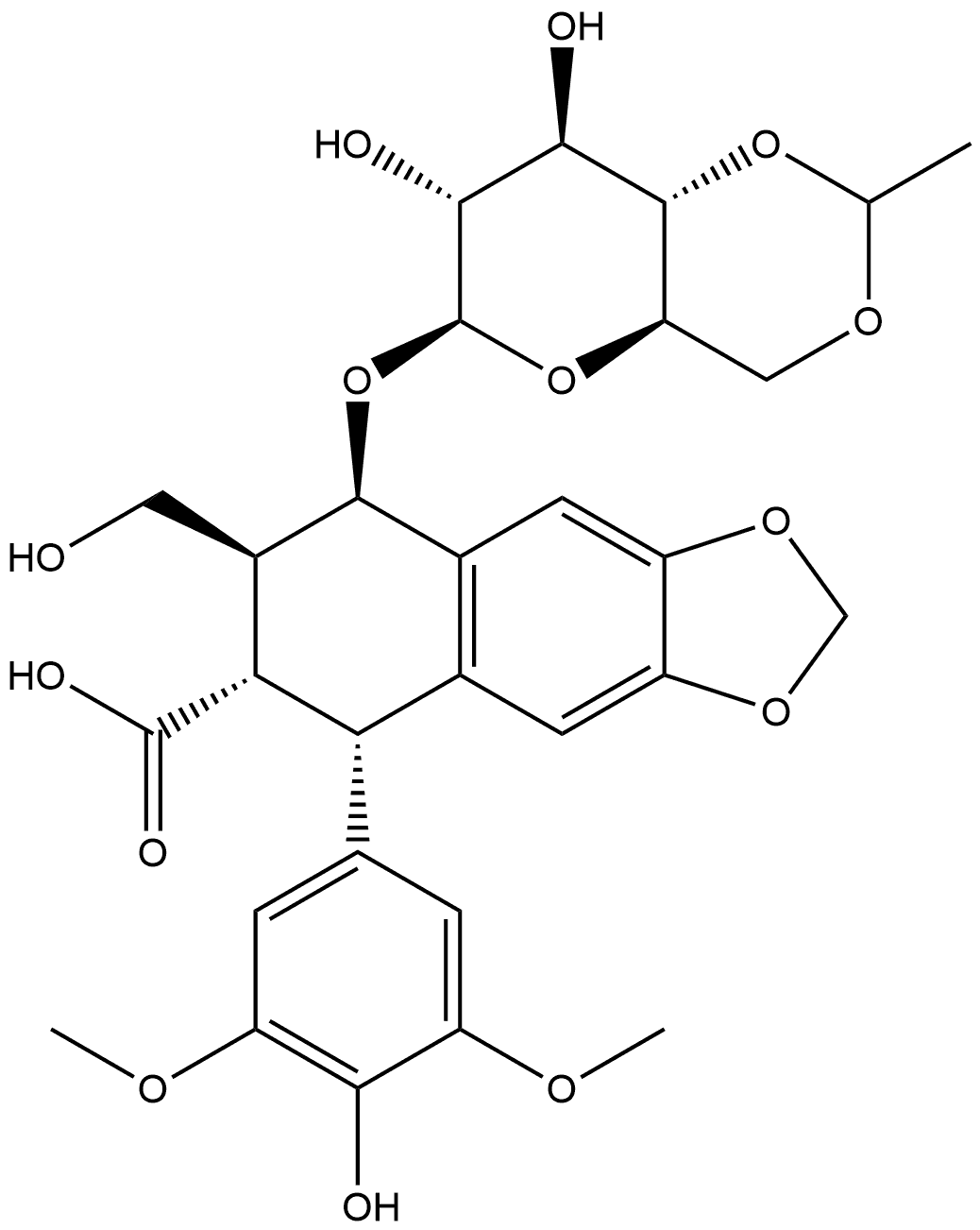 Naphtho[2,3-d]-1,3-dioxole-6-carboxylic acid, 8-[(4,6-O-ethylidene-β-D-glucopyranosyl)oxy]-5,6,7,8-tetrahydro-5-(4-hydroxy-3,5-dimethoxyphenyl)-7-(hydroxymethyl)-, [5R-[5α,6α,7β,8β(R*)]]- (9CI) Struktur