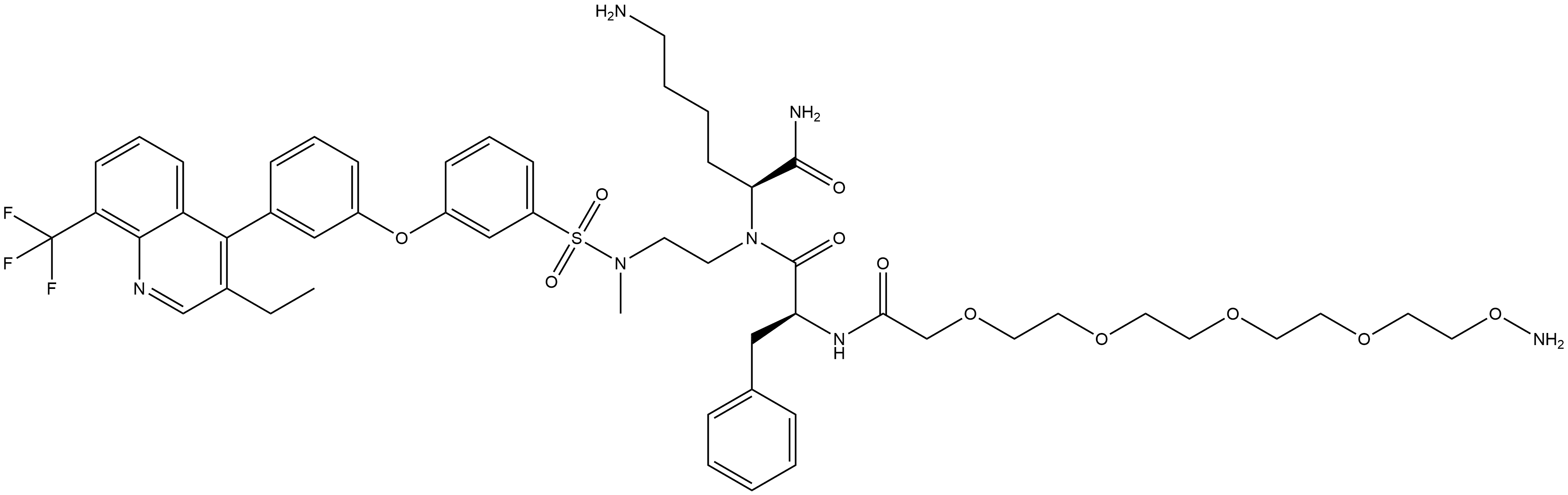 L-Lysinamide, N-[14-(aminooxy)-1-oxo-3,6,9,12-tetraoxatetradec-1-yl]-L-phenylalanyl-N-[2-[[[3-[3-[3-ethyl-8-(trifluoromethyl)-4-quinolinyl]phenoxy]phenyl]sulfonyl]methylamino]ethyl]- Struktur