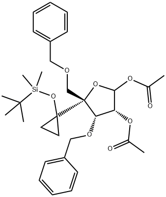 D-Ribofuranose, 4-C-[1-[[(1,1-dimethylethyl)dimethylsilyl]oxy]cyclopropyl]-3,5-bis-O-(phenylmethyl)-, 1,2-diacetate Struktur