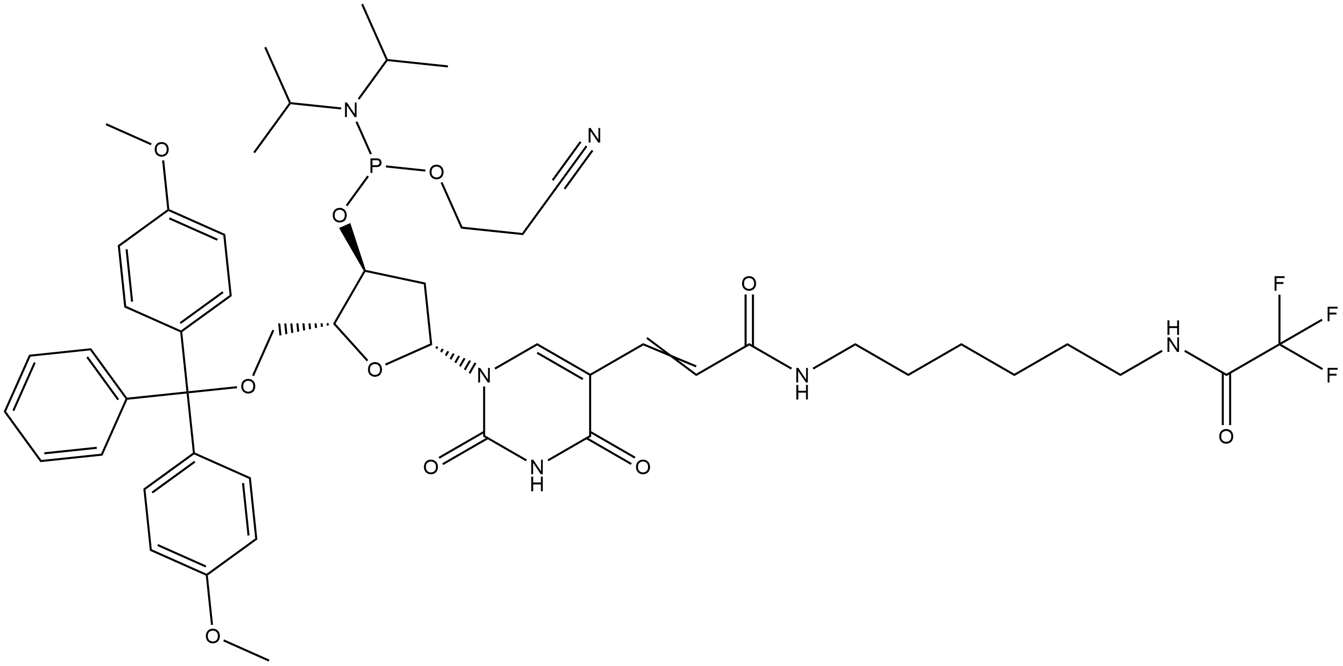 Uridine, 5'-O-[bis(4-methoxyphenyl)phenylmethyl]-2'-deoxy-5-[3-oxo-3-[[6-[(2,2,2-trifluoroacetyl)amino]hexyl]amino]-1-propen-1-yl]-, 3'-[2-cyanoethyl N,N-bis(1-methylethyl)phosphoramidite] Struktur