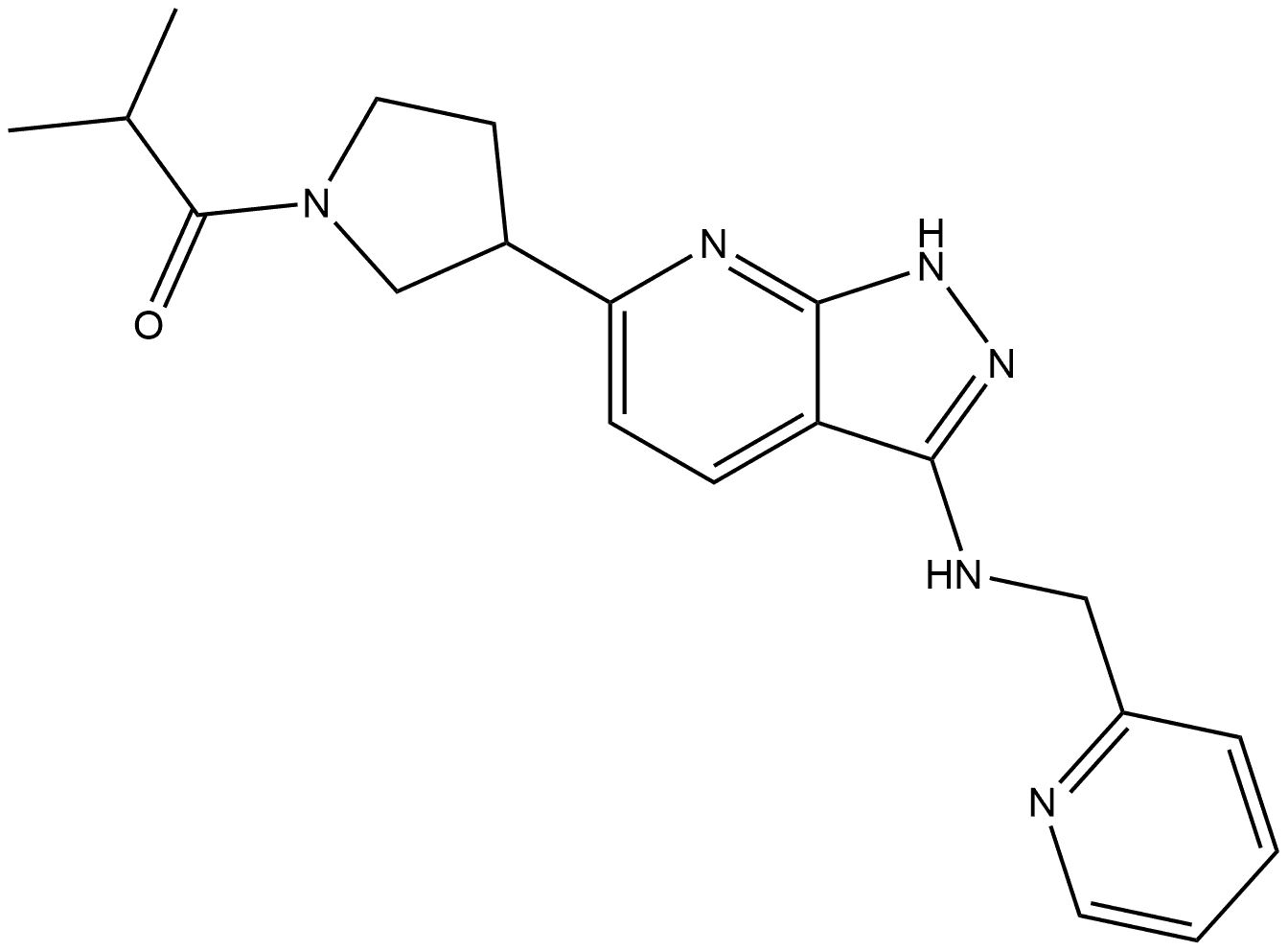 2-Methyl-1-[3-[3-[(2-pyridinylmethyl)amino]-1H-pyrazolo[3,4-b]pyridin-6-yl]-1-pyrrolidinyl]-1-propanone Struktur