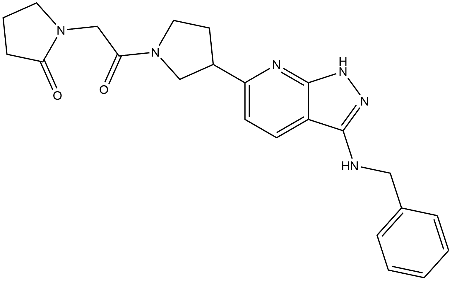 1-[2-Oxo-2-[3-[3-[(phenylmethyl)amino]-1H-pyrazolo[3,4-b]pyridin-6-yl]-1-pyrrolidinyl]ethyl]-2-pyrrolidinone Struktur