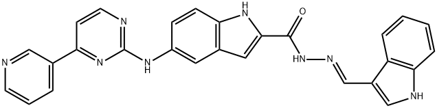 1H-Indole-2-carboxylic acid, 5-[[4-(3-pyridinyl)-2-pyrimidinyl]amino]-, (2E)-2-(1H-indol-3-ylmethylene)hydrazide Struktur