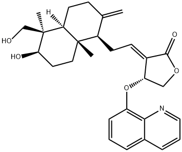 2(3H)-Furanone, 3-[2-[(1R,4aS,5R,6R,8aS)-decahydro-6-hydroxy-5-(hydroxymethyl)-5,8a-dimethyl-2-methylene-1-naphthalenyl]ethylidene]dihydro-4-(8-quinolinyloxy)-, (3E,4R)- Struktur