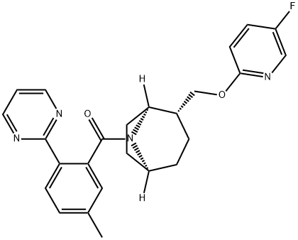 Methanone, [(1S,2R,5S)-2-[[(5-fluoro-2-pyridinyl)oxy]methyl]-8-azabicyclo[3.2.1]oct-8-yl][5-methyl-2-(2-pyrimidinyl)phenyl]- Struktur