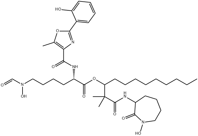 Lysine, N6-formyl-N6-hydroxy-N2-[[2-(2-hydroxyphenyl)-5-methyl-4-oxazolyl]carbonyl]-, 1-[2-[(hexahydro-1-hydroxy-2-oxo-1H-azepin-3-yl)amino]-1,1-dimethyl-2-oxoethyl]decyl ester Struktur