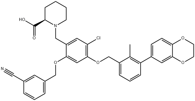 2-Piperidinecarboxylic acid, 1-[[5-chloro-2-[(3-cyanophenyl)methoxy]-4-[[3-(2,3-dihydro-1,4-benzodioxin-6-yl)-2-methylphenyl]methoxy]phenyl]methyl]-, (2R)- Struktur