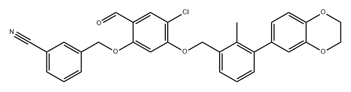 Benzonitrile, 3-[[4-chloro-5-[[3-(2,3-dihydro-1,4-benzodioxin-6-yl)-2-methylphenyl]methoxy]-2-formylphenoxy]methyl]- Struktur