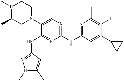 2,4-Pyrimidinediamine, N2-(4-cyclopropyl-5-fluoro-6-methyl-2-pyridinyl)-5-[(3R)-3,4-dimethyl-1-piperazinyl]-N4-(1,5-dimethyl-1H-pyrazol-3-yl)- Struktur