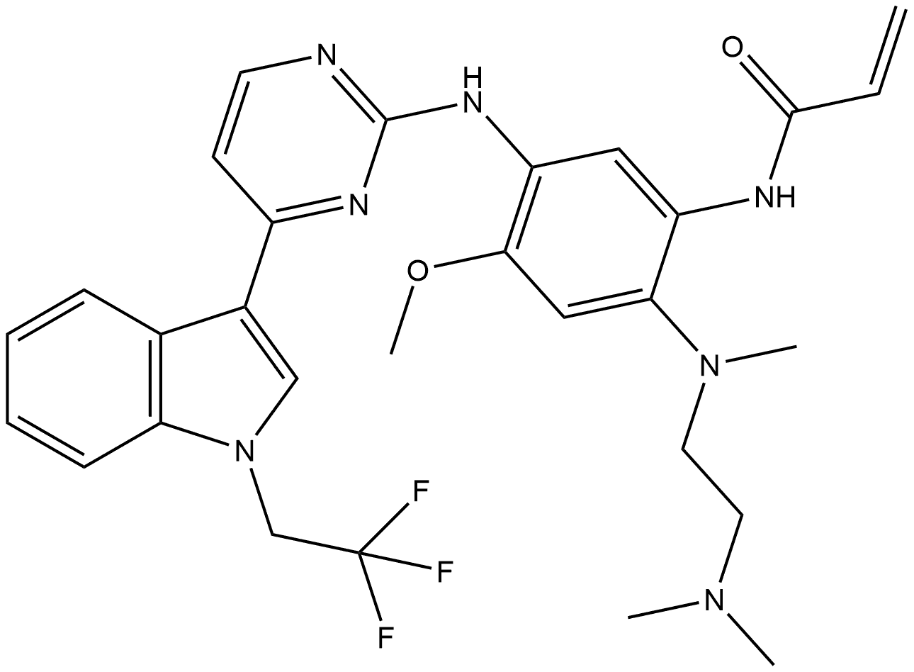 N-(2-((2-(dimethylamino)ethyl)(methyl)amino)-4-methoxy-5-((4-(1-(2,2,2-trifluoroethyl)-1H-indol-3-yl)pyrimidin-2-yl)amino)phenyl)acrylamide Struktur