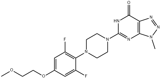 7H-1,2,3-Triazolo[4,5-d]pyrimidin-7-one, 5-[4-[2,6-difluoro-4-(2-methoxyethoxy)phenyl]-1-piperazinyl]-3,6-dihydro-3-methyl- Struktur