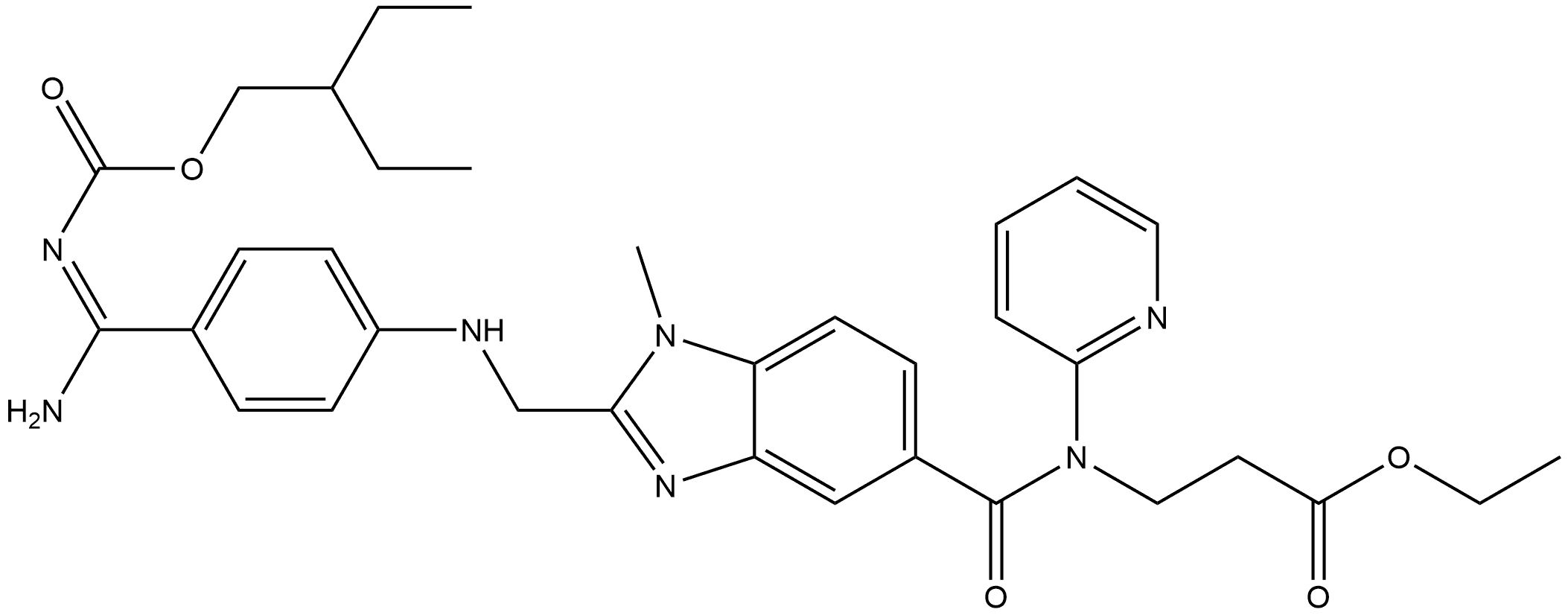 β-Alanine, N-[[2-[[[4-[(E)-amino[[(2-ethylbutoxy)carbonyl]imino]methyl]phenyl]amino]methyl]-1-methyl-1H-benzimidazol-5-yl]carbonyl]-N-2-pyridinyl-, ethyl ester Struktur