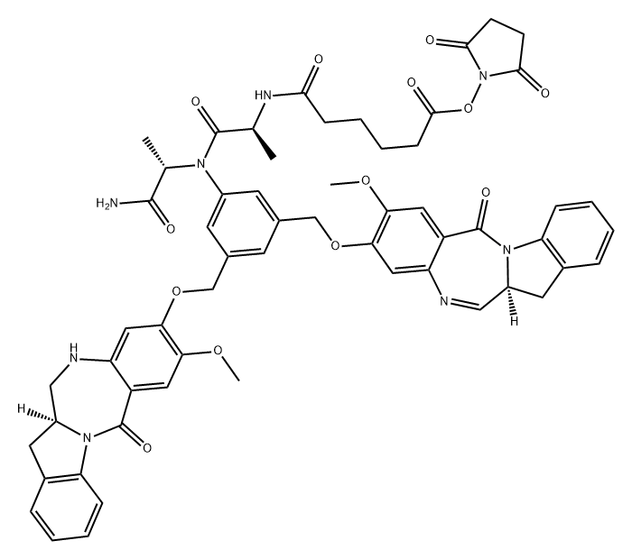 L-Alaninamide, N-[6-[(2,5-dioxo-1-pyrrolidinyl)oxy]-1,6-dioxohexyl]-L-alanyl-N-[3-[[[(12aS)-12a,13-dihydro-8-methoxy-6-oxo-6H-indolo[2,1-c][1,4]benzodiazepin-9-yl]oxy]methyl]-5-[[[(12aS)-11,12,12a,13-tetrahydro-8-methoxy-6-oxo-6H-indolo[2,1-c][1,4]benzodiazepin-9-yl]oxy]methyl]phenyl]- Struktur