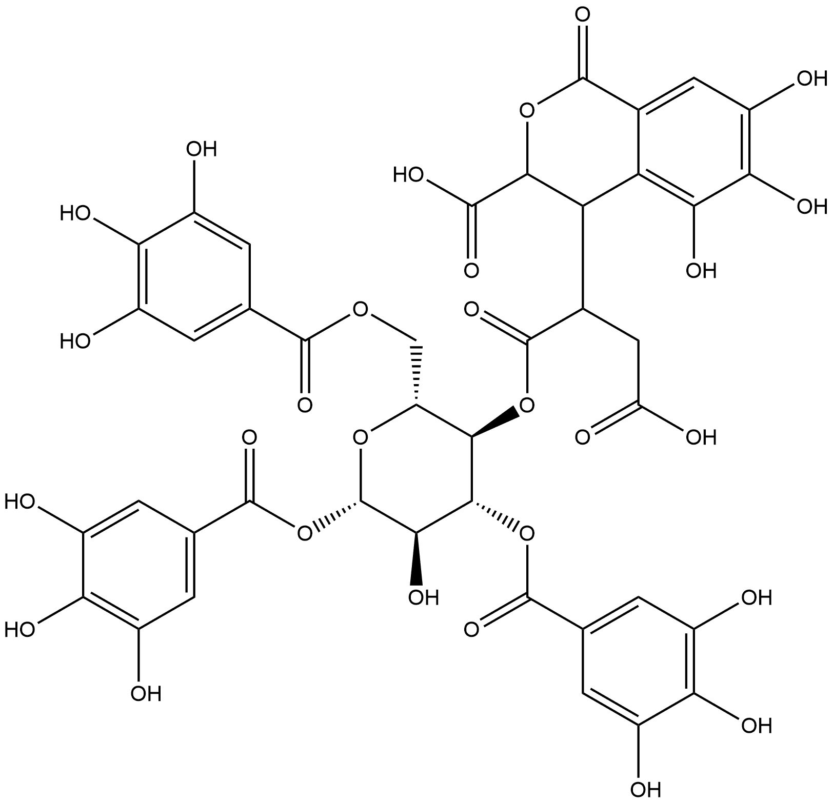 β-D-Glucopyranose, 4-[4-hydrogen (3-carboxy-3,4-dihydro-5,6,7-trihydroxy-1-oxo-1H-2-benzopyran-4-yl)butanedioate] 1,3,6-tris(3,4,5-trihydroxybenzoate) Struktur