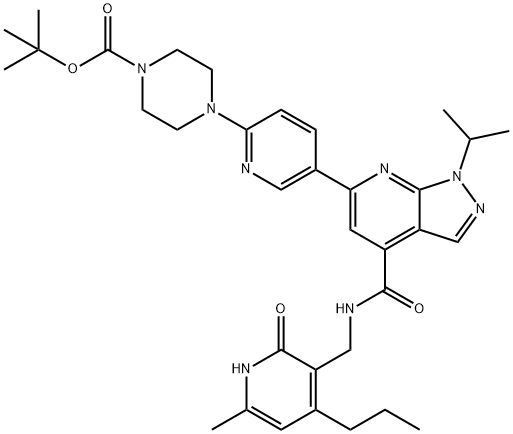 1,1-Dimethylethyl 4-[5-[4-[[[(1,2-dihydro-6-methyl-2-oxo-4-propyl-3-pyridinyl)methyl]amino]carbonyl]-1-(1-methylethyl)-1H-pyrazolo[3,4-b]pyridin-6-yl]-2-pyridinyl]-1-piperazinecarboxylate Struktur