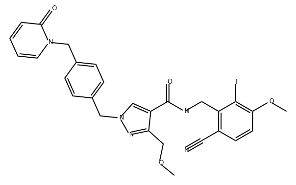 1H-Pyrazole-4-carboxamide, N-[(6-cyano-2-fluoro-3-methoxyphenyl)methyl]-3-(methoxymethyl)-1-[[4-[(2-oxo-1(2H)-pyridinyl)methyl]phenyl]methyl]- Struktur