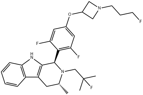 1H-Pyrido[3,4-b]indole, 1-[2,6-difluoro-4-[[1-(3-fluoropropyl)-3-azetidinyl]oxy]phenyl]-2-(2-fluoro-2-methylpropyl)-2,3,4,9-tetrahydro-3-methyl-, (1R,3R)- Struktur