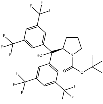 (R)-tert-Butyl 2-(bis(3,5-bis(trifluoromethyl)phenyl)(hydroxy)methyl)pyrrolidine-1-carboxylate Struktur