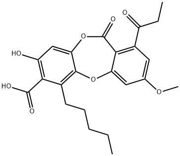 11H-Dibenzo[b,e][1,4]dioxepin-7-carboxylic acid, 8-hydroxy-3-methoxy-11-oxo-1-(1-oxopropyl)-6-pentyl- Struktur