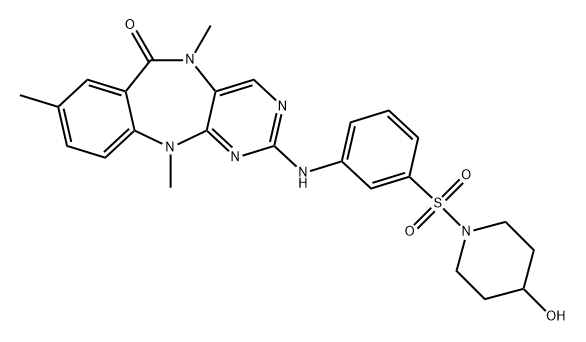 6H-Pyrimido[4,5-b][1,4]benzodiazepin-6-one, 5,11-dihydro-2-[[3-[(4-hydroxy-1-piperidinyl)sulfonyl]phenyl]amino]-5,8,11-trimethyl- Struktur