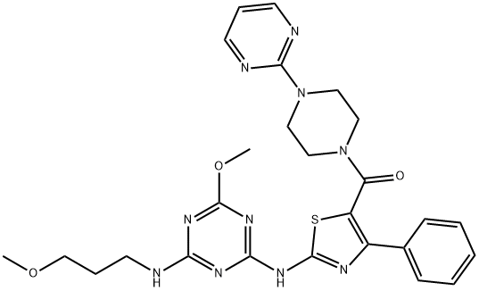 Methanone, [2-[[4-methoxy-6-[(3-methoxypropyl)amino]-1,3,5-triazin-2-yl]amino]-4-phenyl-5-thiazolyl][4-(2-pyrimidinyl)-1-piperazinyl]- Struktur