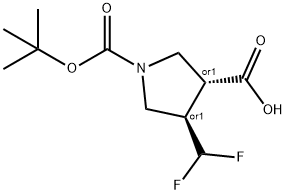 rac-(3R,4R)-1-[(tert-butoxy)carbonyl]-4-(difluoromethyl)pyrrolidine-3-carboxylic acid, trans Struktur