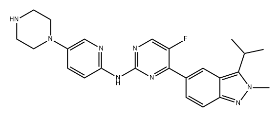 2-Pyrimidinamine, 5-fluoro-4-[2-methyl-3-(1-methylethyl)-2H-indazol-5-yl]-N-[5-(1-piperazinyl)-2-pyridinyl]- Struktur