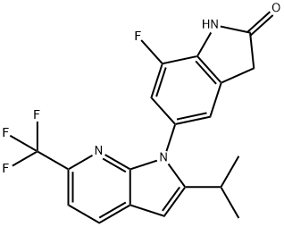 7-Fluoro-1,3-dihydro-5-[2-(1-methylethyl)-6-(trifluoromethyl)-1H-pyrrolo[2,3-b]pyridin-1-yl]-2H-indol-2-one Struktur