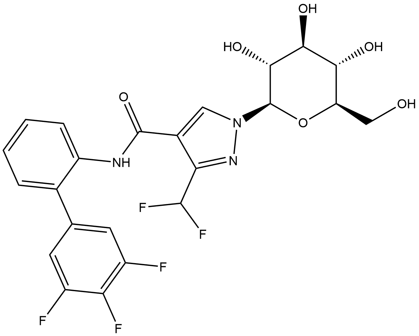 1H-Pyrazole-4-carboxamide, 3-(difluoromethyl)-1-β-D-glucopyranosyl-N-(3',4',5'-trifluoro[1,1'-biphenyl]-2-yl)- Struktur