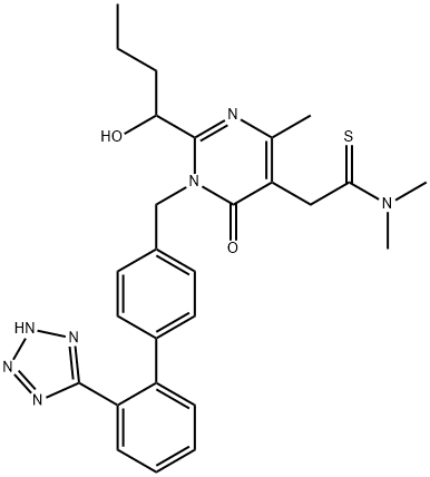 5-Pyrimidineethanethioamide, 1,6-dihydro-2-(1-hydroxybutyl)-N,N,4-trimethyl-6-oxo-1-[[2'-(2H-tetrazol-5-yl)[1,1'-biphenyl]-4-yl]methyl]- Struktur