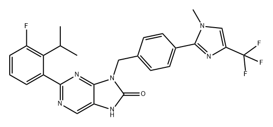 8H-Purin-8-one, 2-[3-fluoro-2-(1-methylethyl)phenyl]-7,9-dihydro-9-[[4-[1-methyl-4-(trifluoromethyl)-1H-imidazol-2-yl]phenyl]methyl]- Struktur