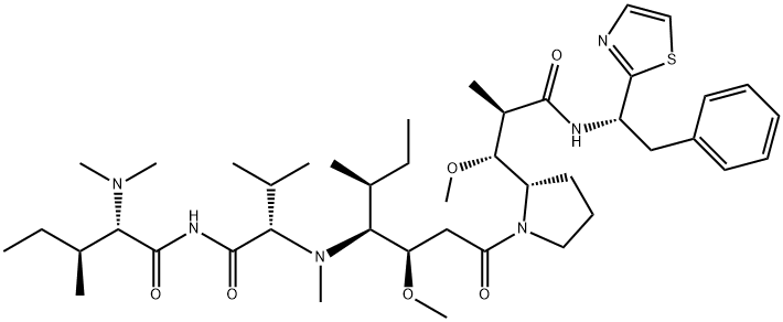 L-Valinamide, N,N-dimethyl-L-isoleucyl-N-[(1S,2R)-2-methoxy-4-[(2S)-2-[(1R,2R)-1-methoxy-2-methyl-3-oxo-3-[[(1S)-2-phenyl-1-(2-thiazolyl)ethyl]amino]propyl]-1-pyrrolidinyl]-1-[(1S)-1-methylpropyl]-4-oxobutyl]-N-methyl- Struktur