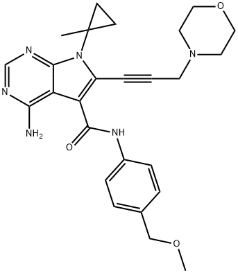 7H-Pyrrolo[2,3-d]pyrimidine-5-carboxamide, 4-amino-N-[4-(methoxymethyl)phenyl]-7-(1-methylcyclopropyl)-6-[3-(4-morpholinyl)-1-propyn-1-yl]- Struktur