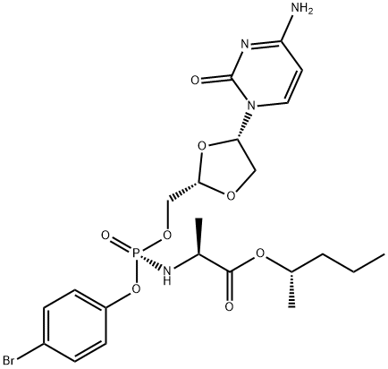 L-Alanine, N-[(S)-[[(2S,4S)-4-(4-amino-2-oxo-1(2H)-pyrimidinyl)-1,3-dioxolan-2-yl]methoxy](4-bromophenoxy)phosphinyl]-, (1S)-1-methylbutyl ester Struktur