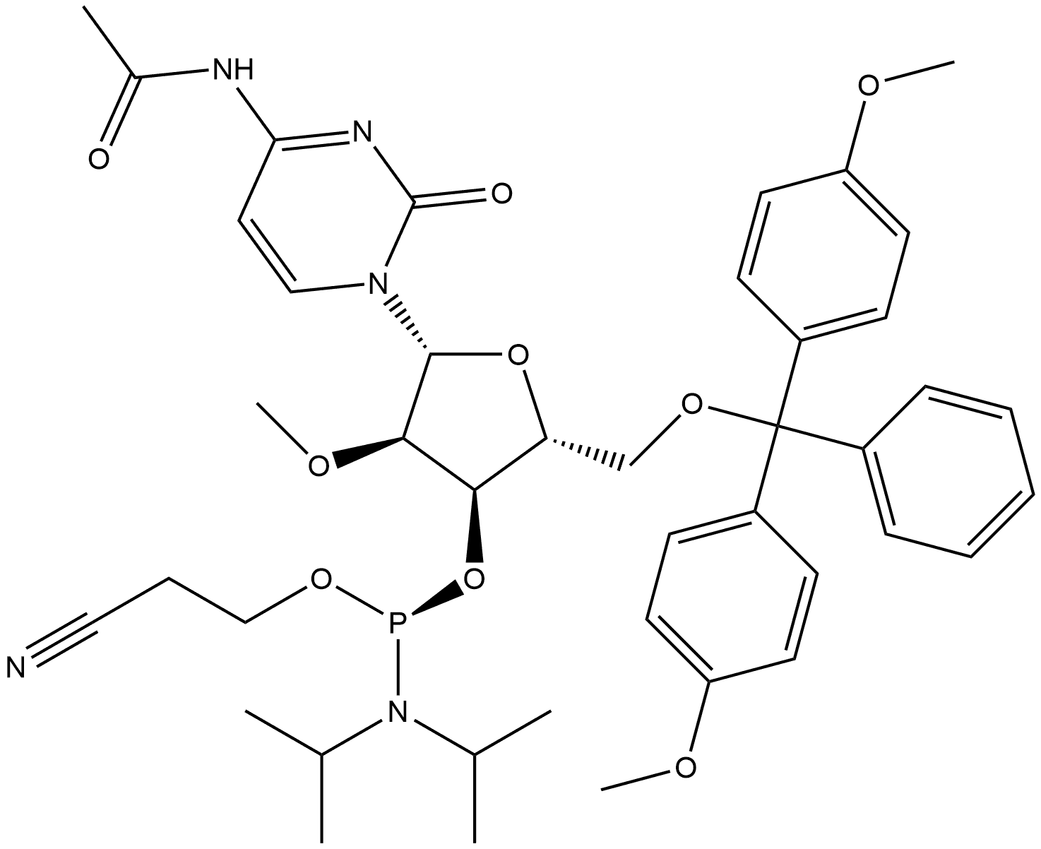 Cytidine, N-acetyl-5'-O-[bis(4-methoxyphenyl)phenylmethyl]-2'-O-methyl-, 3'-[2-cyanoethyl (R)-bis(1-methylethyl)phosphoramidite] (9CI) Structure