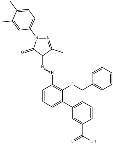 [1,1'-Biphenyl]-3-carboxylic acid, 3'-[2-[1-(3,4-dimethylphenyl)-4,5-dihydro-3-methyl-5-oxo-1H-pyrazol-4-yl]diazenyl]-2'-(phenylmethoxy)- Struktur