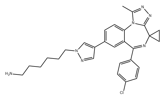 1H-Pyrazole-1-hexanamine, 4-[6'-(4-chlorophenyl)-1'-methylspiro[cyclopropane-1,4'-[4H][1,2,4]triazolo[4,3-a][1,4]benzodiazepin]-8'-yl]- Struktur