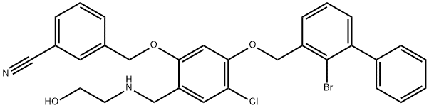 Benzonitrile, 3-[[5-[(2-bromo[1,1'-biphenyl]-3-yl)methoxy]-4-chloro-2-[[(2-hydroxyethyl)amino]methyl]phenoxy]methyl]- Struktur