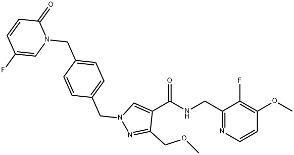 1H-Pyrazole-4-carboxamide, N-[(3-fluoro-4-methoxy-2-pyridinyl)methyl]-1-[[4-[(5-fluoro-2-oxo-1(2H)-pyridinyl)methyl]phenyl]methyl]-3-(methoxymethyl)- Struktur