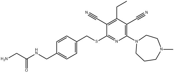 Acetamide, 2-amino-N-[[4-[[[3,5-dicyano-4-ethyl-6-(hexahydro-4-methyl-1H-1,4-diazepin-1-yl)-2-pyridinyl]thio]methyl]phenyl]methyl]- Struktur