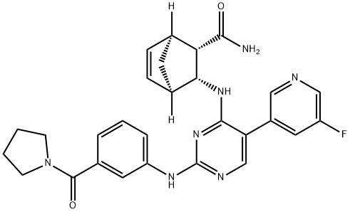 Bicyclo[2.2.1]hept-5-ene-2-carboxamide, 3-[[5-(5-fluoro-3-pyridinyl)-2-[[3-(1-pyrrolidinylcarbonyl)phenyl]amino]-4-pyrimidinyl]amino]-, (1S,2S,3R,4R)- Struktur