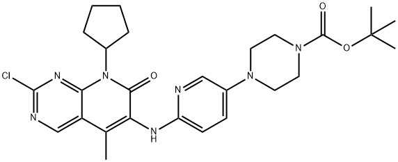 1-Piperazinecarboxylic acid, 4-[6-[(2-chloro-8-cyclopentyl-7,8-dihydro-5-methyl-7-oxopyrido[2,3-d]pyrimidin-6-yl)amino]-3-pyridinyl]-, 1,1-dimethylethyl ester Struktur