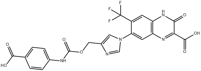 2-Quinoxalinecarboxylic acid, 7-[4-[[[[(4-carboxyphenyl)amino]carbonyl]oxy]methyl]-1H-imidazol-1-yl]-3,4-dihydro-3-oxo-6-(trifluoromethyl)- Struktur