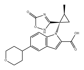 1H-Indole-2-carboxylic acid, 1-[(1S,2S)-1-(2,5-dihydro-5-oxo-1,2,4-oxadiazol-3-yl)-2-methylcyclopropyl]-5-(tetrahydro-2H-pyran-4-yl)- Struktur