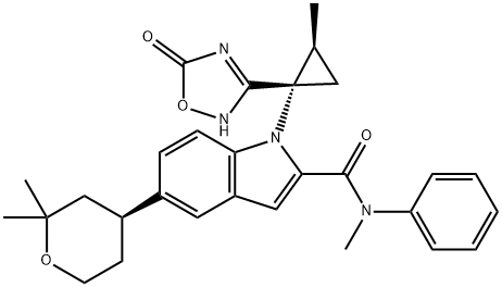 1H-Indole-2-carboxamide, 1-[(1S,2S)-1-(2,5-dihydro-5-oxo-1,2,4-oxadiazol-3-yl)-2-methylcyclopropyl]-N-methyl-N-phenyl-5-[(4S)-tetrahydro-2,2-dimethyl-2H-pyran-4-yl]- Struktur